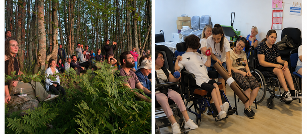 Two-photo collage: people gathered outdoors in a forest; indoor meeting with attendees seated.