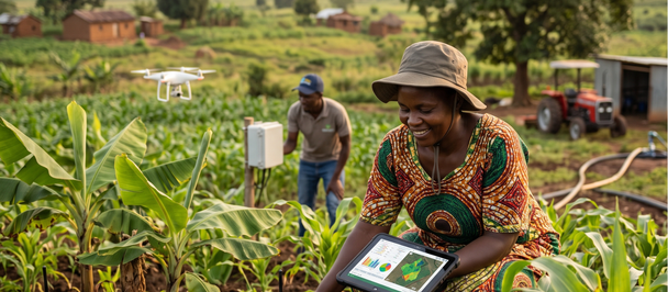 Female farmer wearing a hat using a tablet in a banana field.