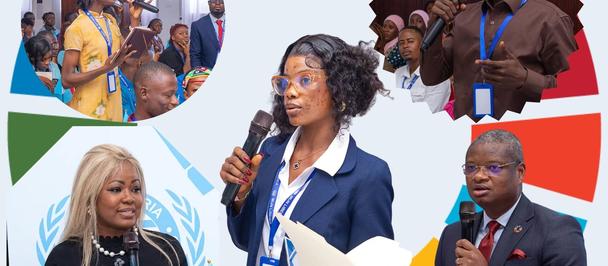 Photo collage of diverse speakers in a circular wheel layout, central woman with microphone.