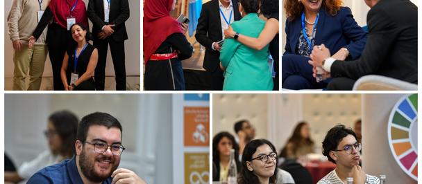 Collage of diverse conference attendees posing, speaking, and a workshop with color wheel.