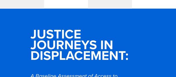 Cover of a report, Justice Journeys in Displacement, with a blue bottom panel and grid of justice-themed icons.