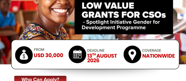 Smiling woman in a classroom; banner advertising Low Value Grants for CSOs with an Apply CTA.