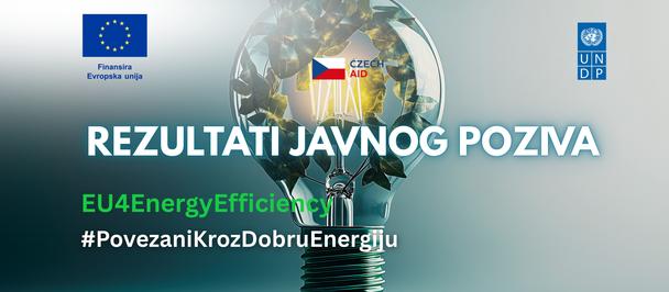 Banner with globe inside a light bulb, EU logos, Croatian flag, and text REZULTATI JAVNOG POZIVA.