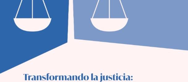 Cover with scales of justice on blue backdrop and a Spanish title about justice and development.