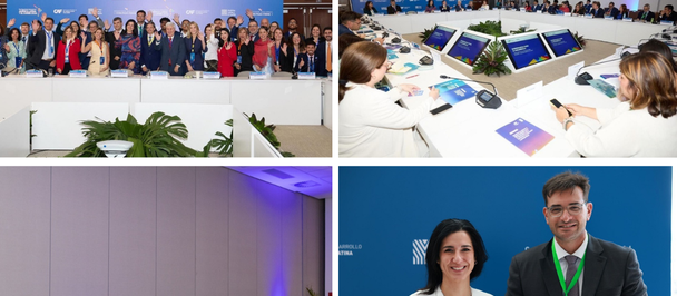 Conference collage: group on stage, laptops on a table, panel discussion, and two smiling speakers.