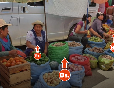 Colorful market scene with women selling fruits and vegetables in baskets.