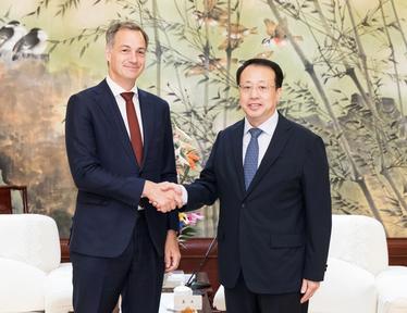 Photograph: two men in dark suits shake hands in a formal meeting room.