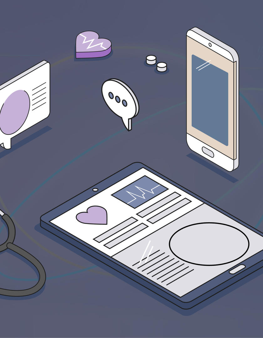 Isometric medical illustration with stethoscope, tablet, smartphone, clipboard, and pills.