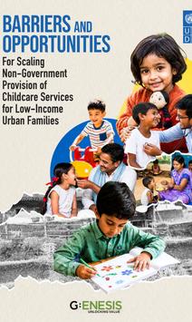 Cover page with children; torn-cityscape background; barriers and opportunities in childcare.