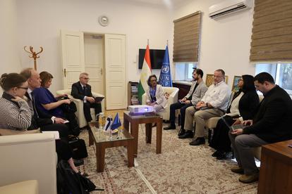 A group of people seated in a meeting room, discussing with a projector visible.