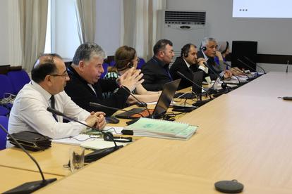 A group of people seated at a long table in a meeting room, discussing.