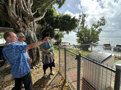 Three people stand by a fence, looking towards the water and pointing, with trees nearby.