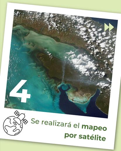 Aerial turquoise coastline in a polaroid frame with a large '4' and satellite mapping caption.