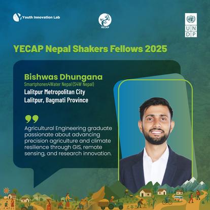 Poster for YECAP Nepal Shakers Fellows 2025 with a fellowship portrait and colorful village scene.