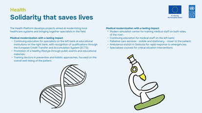 Health poster showing a DNA strand and a cartoon scientist using a microscope.