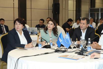 Delegates seated around a round conference table with blue flags and documents.