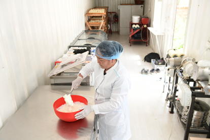 Photograph of a lab worker in a white coat and blue hairnet holding a red bowl in processing room.