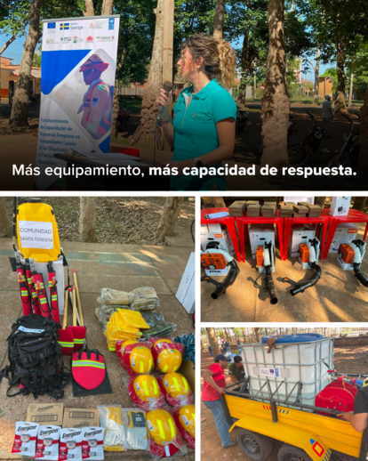 Relief event collage: people by a banner and rows of safety gear.