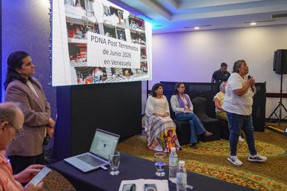 Group of people in a conference room; presenter speaks as others listen, screen shows photos.