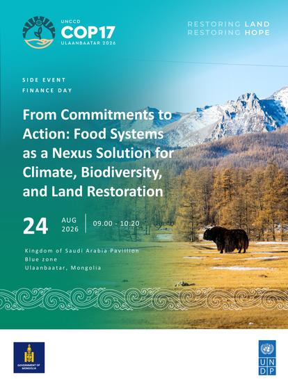 COP17 poster with a bison in a grassy plain with snowy mountains; climate and land restoration.