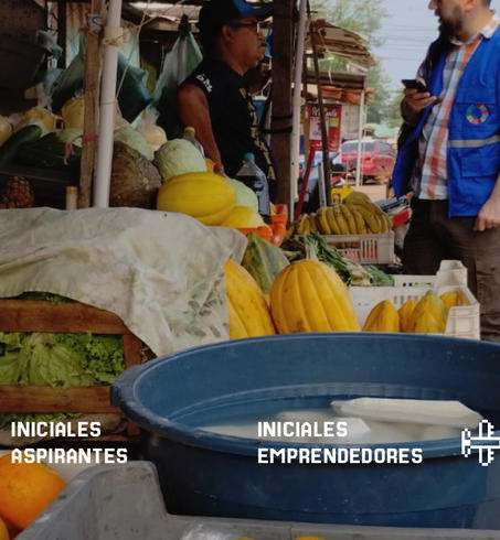 A bustling market scene with fresh produce and vendors, colorful fruits, and people interacting.