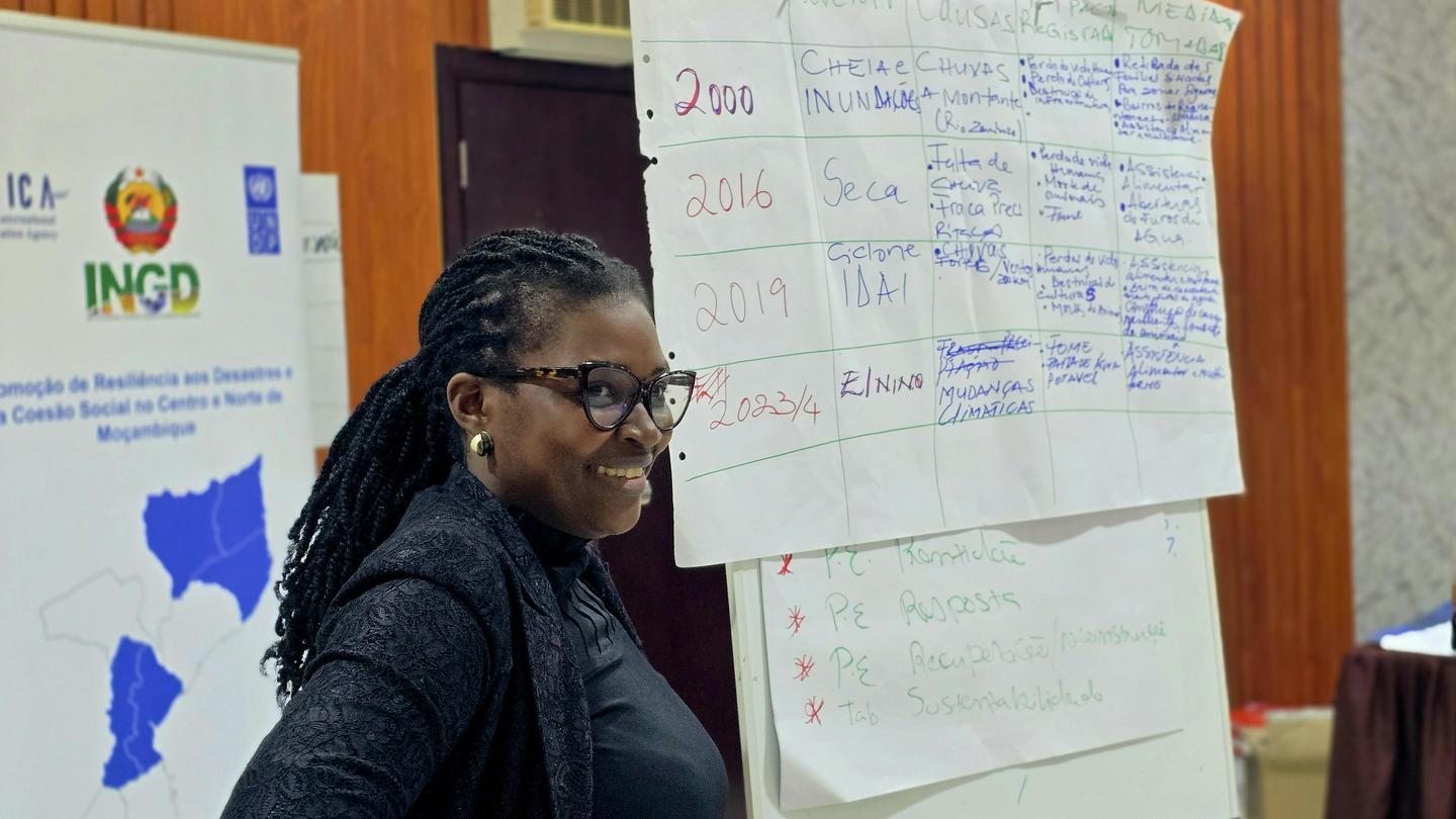 A woman with braided hair smiles while standing beside a whiteboard filled with notes.