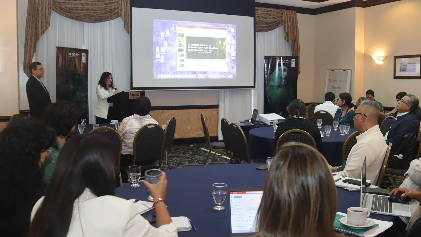 Conference room with attendees around tables, presenter beside a projected slide on screen.