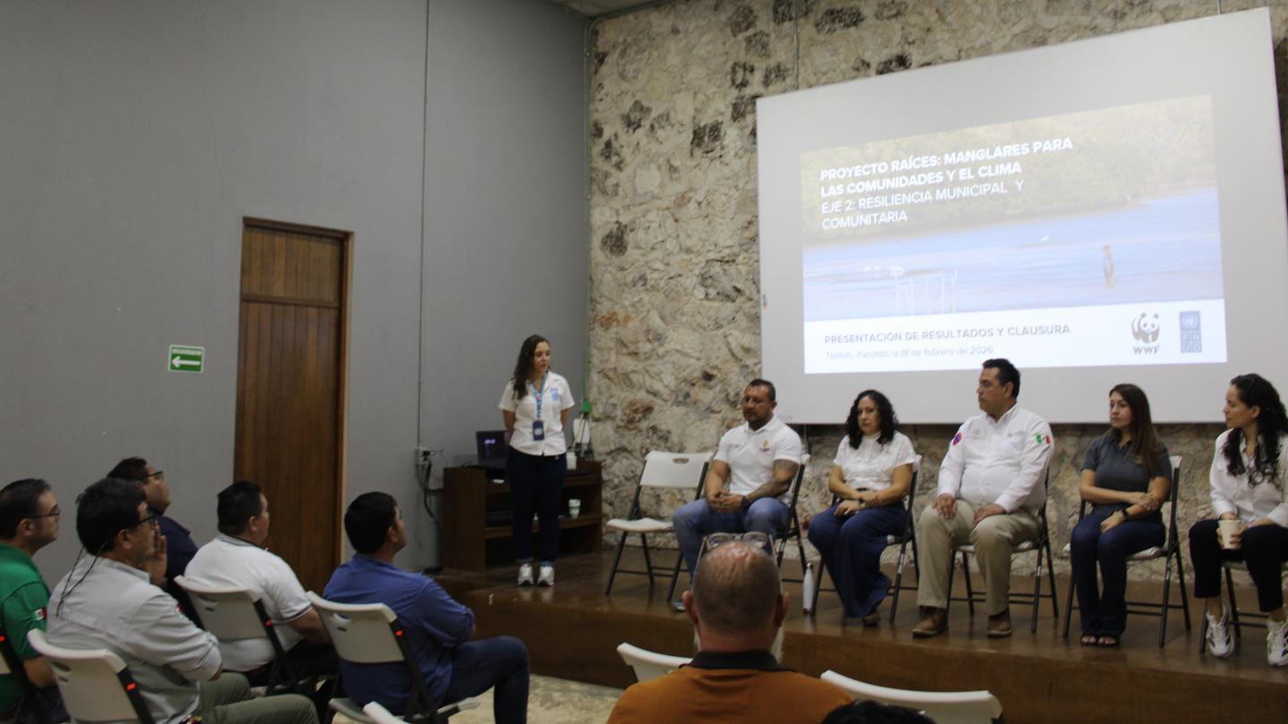 Panel discussion in a conference room; audience watching as panelists sit on stage near projector.