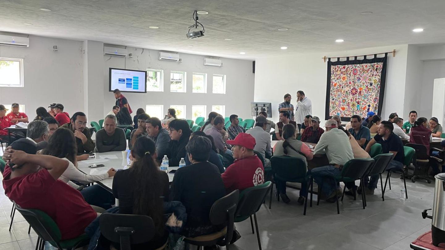 Bright hall with windows, many people seated around tables for a community event.