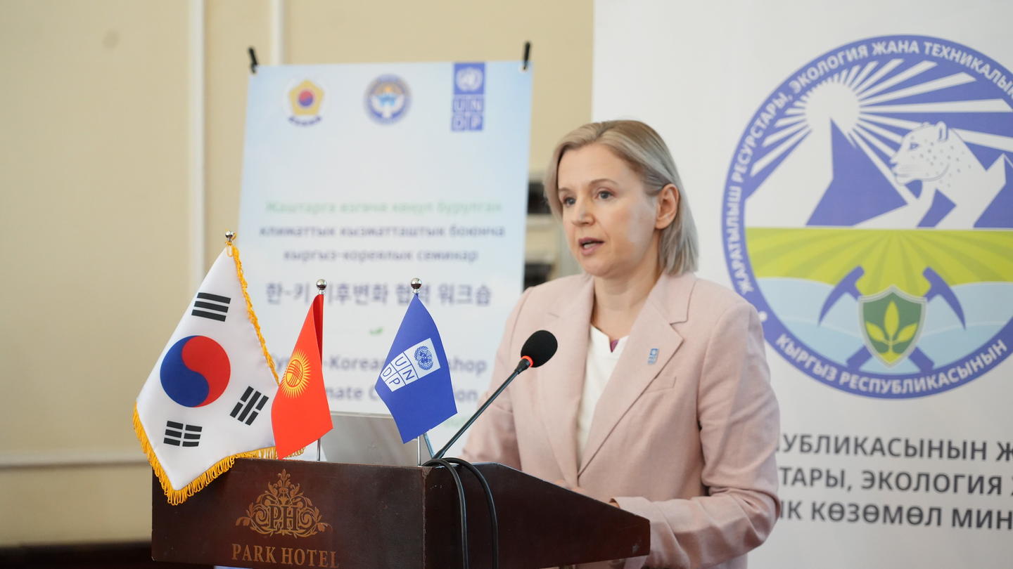 Photograph: woman in pale pink blazer speaks at a podium with flags.