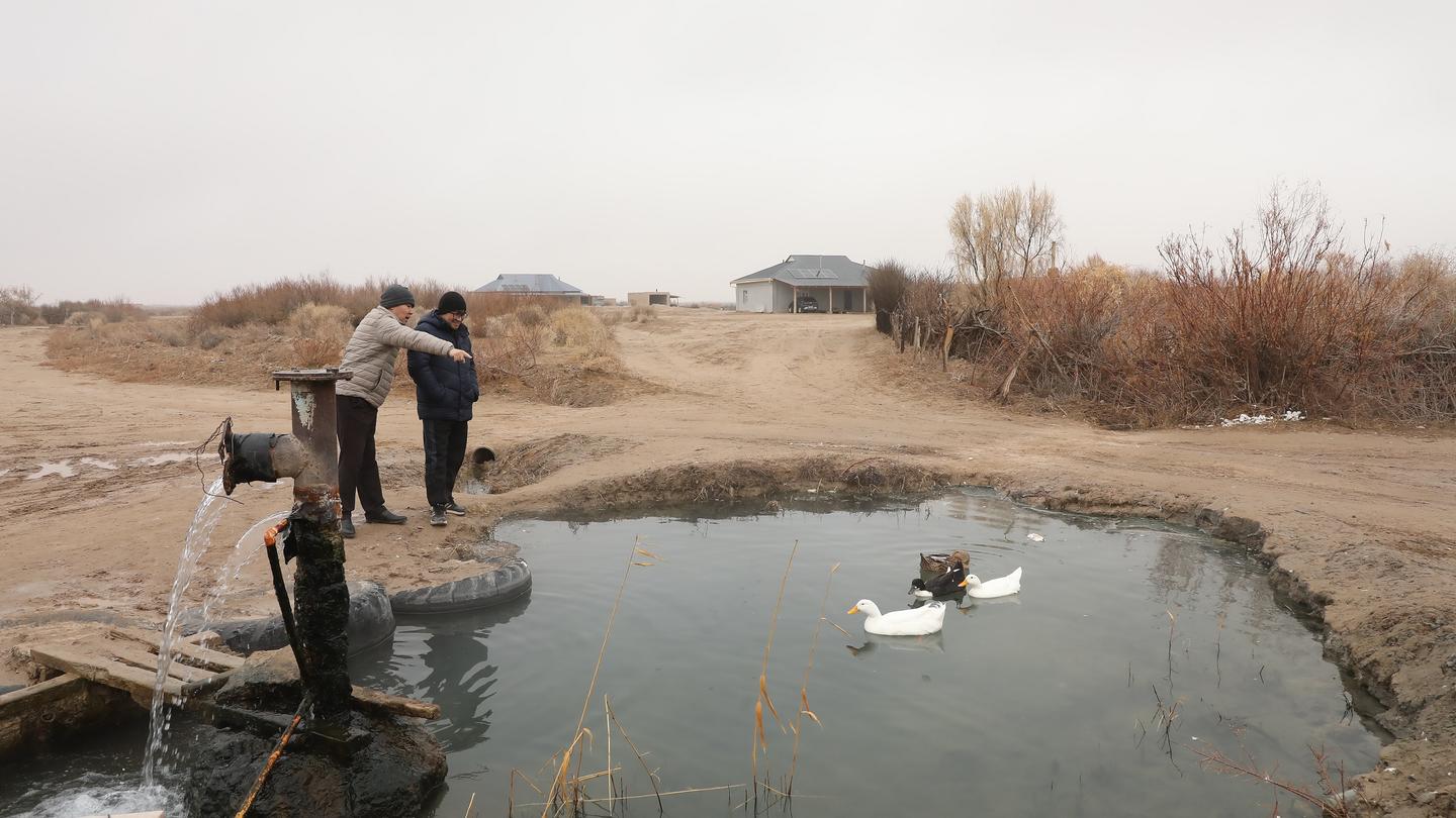 Three people near a muddy pond with white birds; dry, desolate landscape and a distant house.