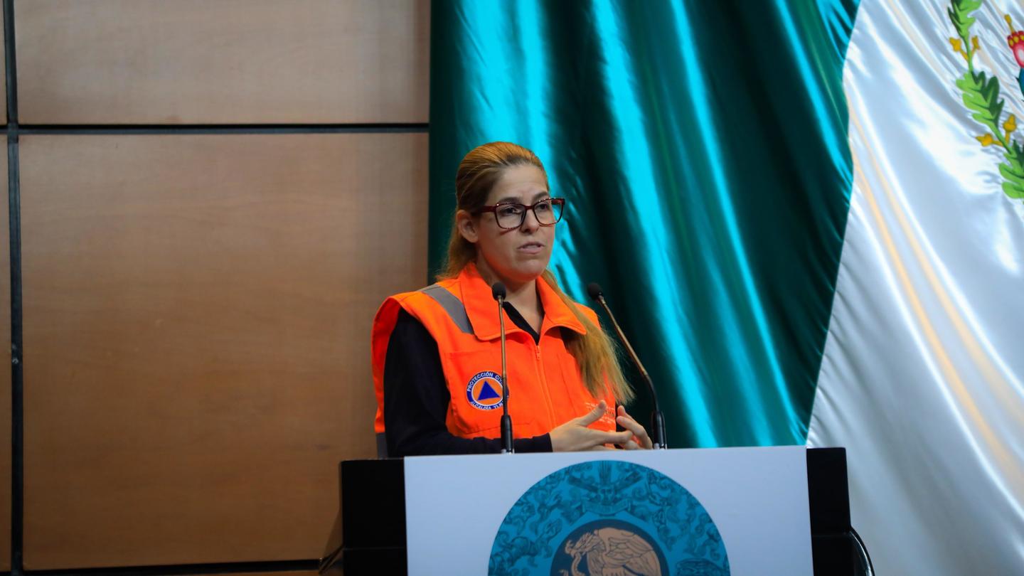 Speaker in an orange safety vest at a podium, with a teal curtain backdrop.