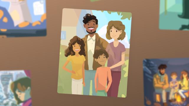 An illustration of a portrait of a family in a wall with other photos