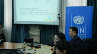 People sit around a conference table as a presenter shows a slide; blue UN banner visible.