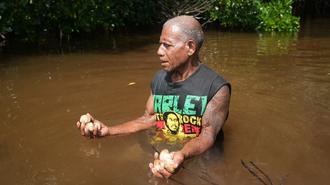 Blurred-face person in muddy floodwater, holding mud in both hands; green bushes behind.