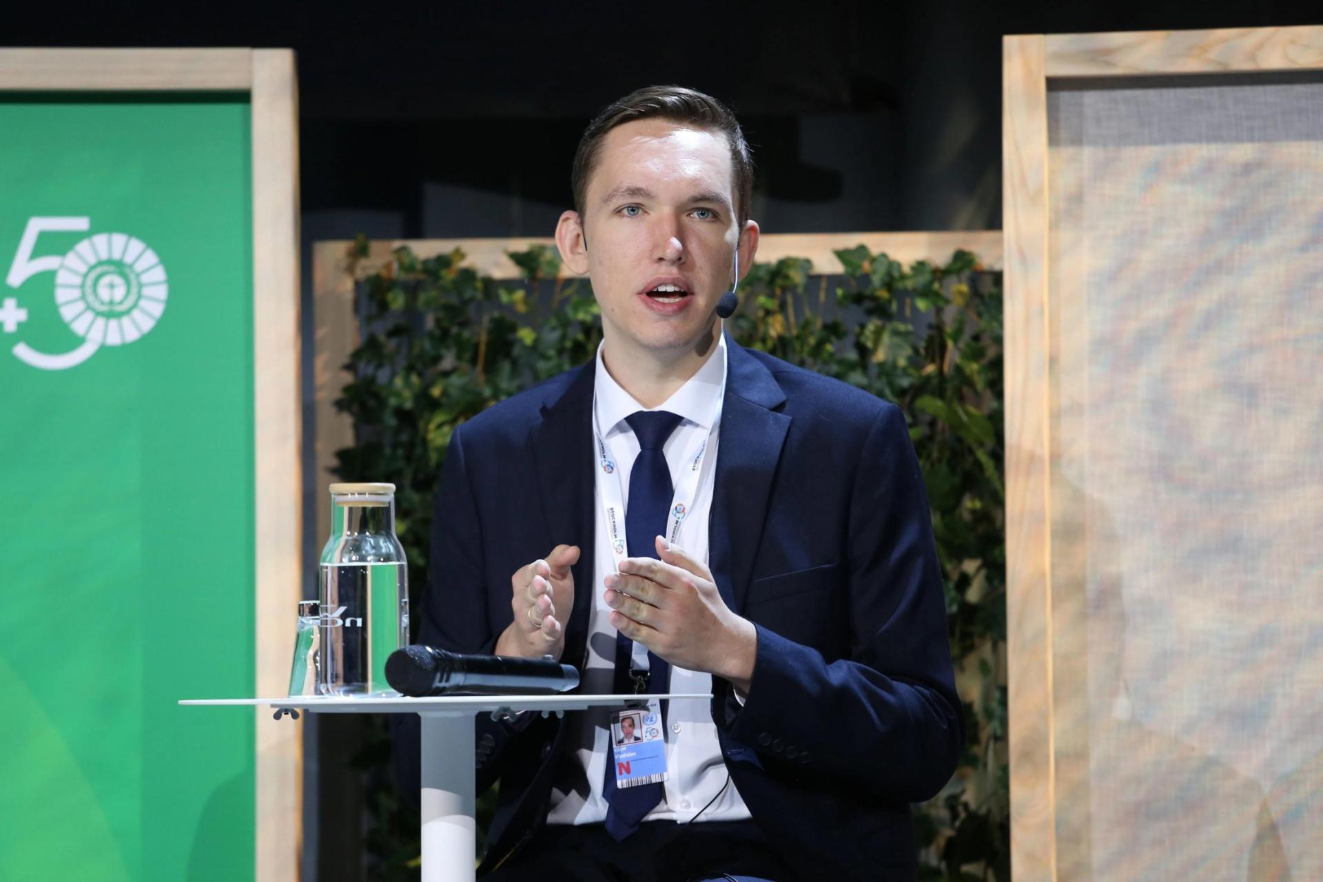 Speaking at the launch of the Green Jobs for Youth Pact at Stockholm+50, June 2022. Photo: International Institute for Sustainable Development. 