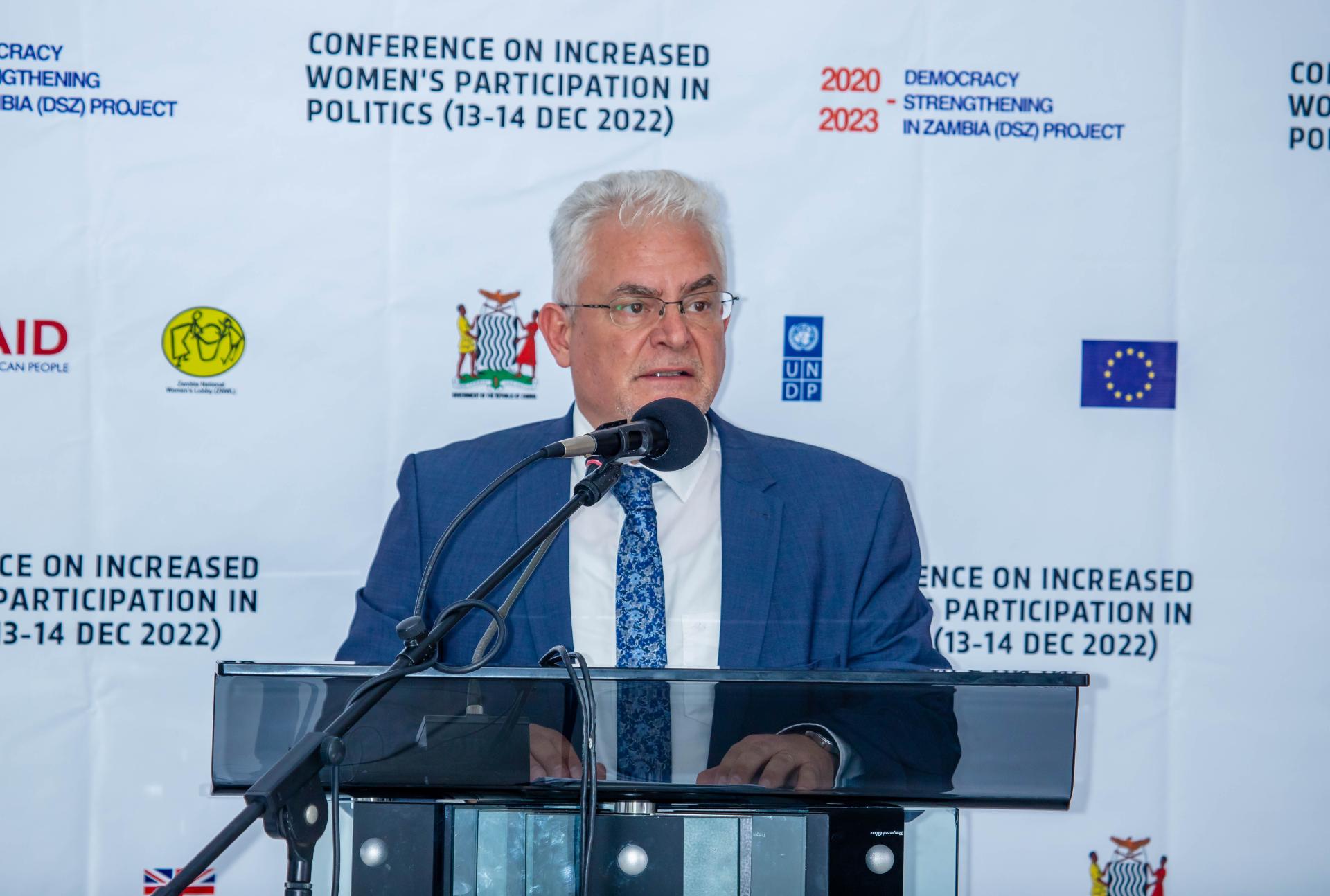 Resident Representative, Lionel Laurens, giving his remarks at the Conference on Policies and Strategies for Increased Participation and Representations of Women in Elections and Politics in Zambia