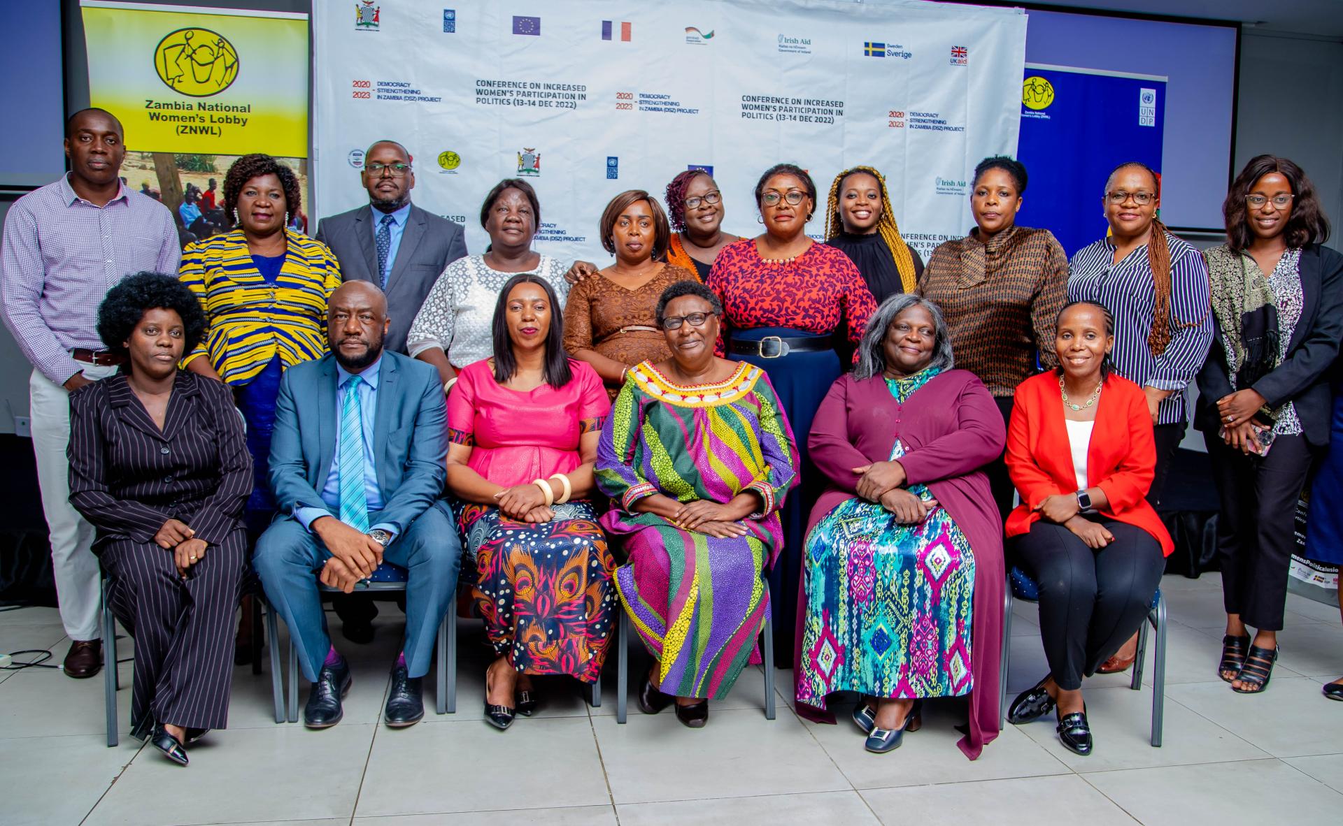 Attendees at the Conference on Policies and Strategies for Increased Participation and Representations of Women in Elections and Politics in Zambia, including the Permanent Secretary for the Gender Division in the Office of the President, Senior Elections Advisor for the UNDP Zambia's Democracy Strengthening in Zambia project, and the Executive Director of the Zambia National Women's Lobby