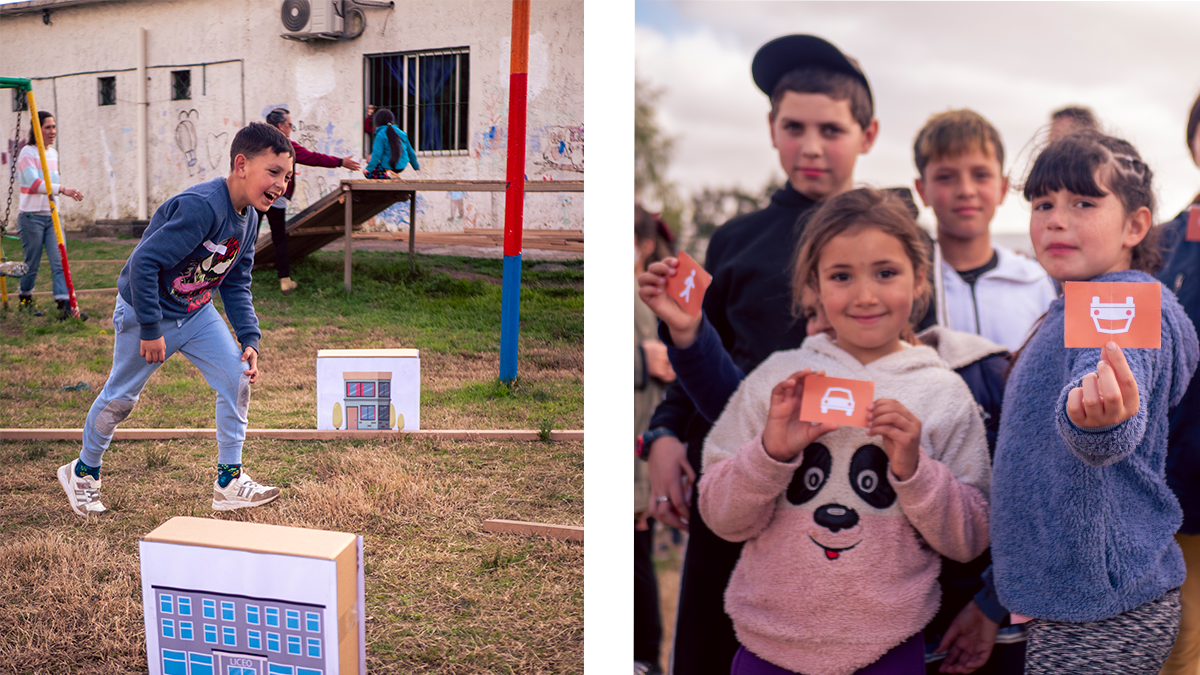 Dos fotos: niño corriendo sonriente durante jornanda de intervención de activate (primera foto); niñas y niños sonrientes mostrando a cámara stickers usados para la actividad de co-diseño