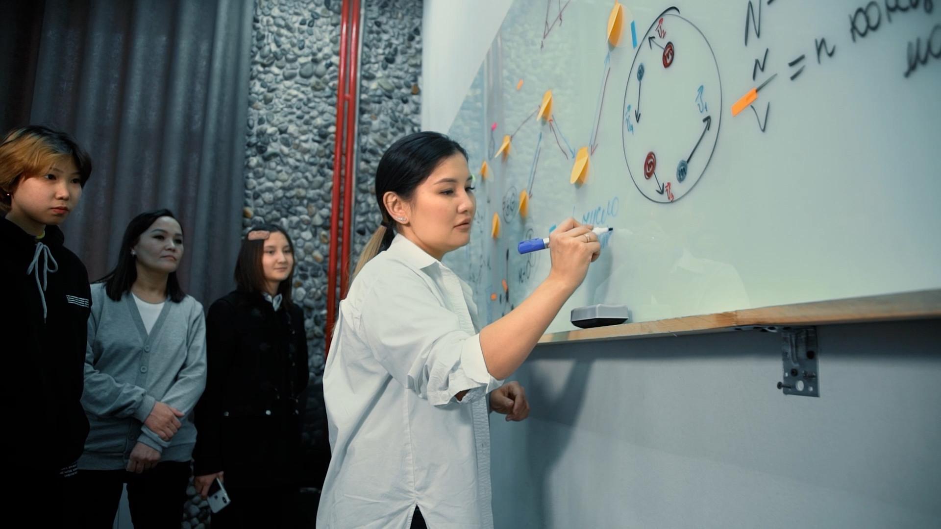 Woman writing on board