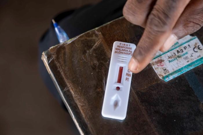 A hand points at results shown on a malaria test.