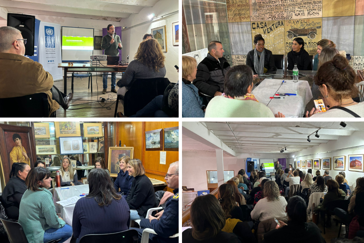 Primera imagen (arriba izquierda): Una persona está de pie frente a un grupo de personas sentadas, dando una presentación con un proyector en una sala de conferencias. A la izquierda hay un banner de las Naciones Unidas. Segunda imagen (arriba derecha): Un grupo de personas está sentado alrededor de una mesa, participando en una discusión en una sala con paredes decoradas con obras de arte y textos. Tercera imagen (abajo izquierda): Un grupo de mujeres está sentado alrededor de una mesa, conversando en una 
