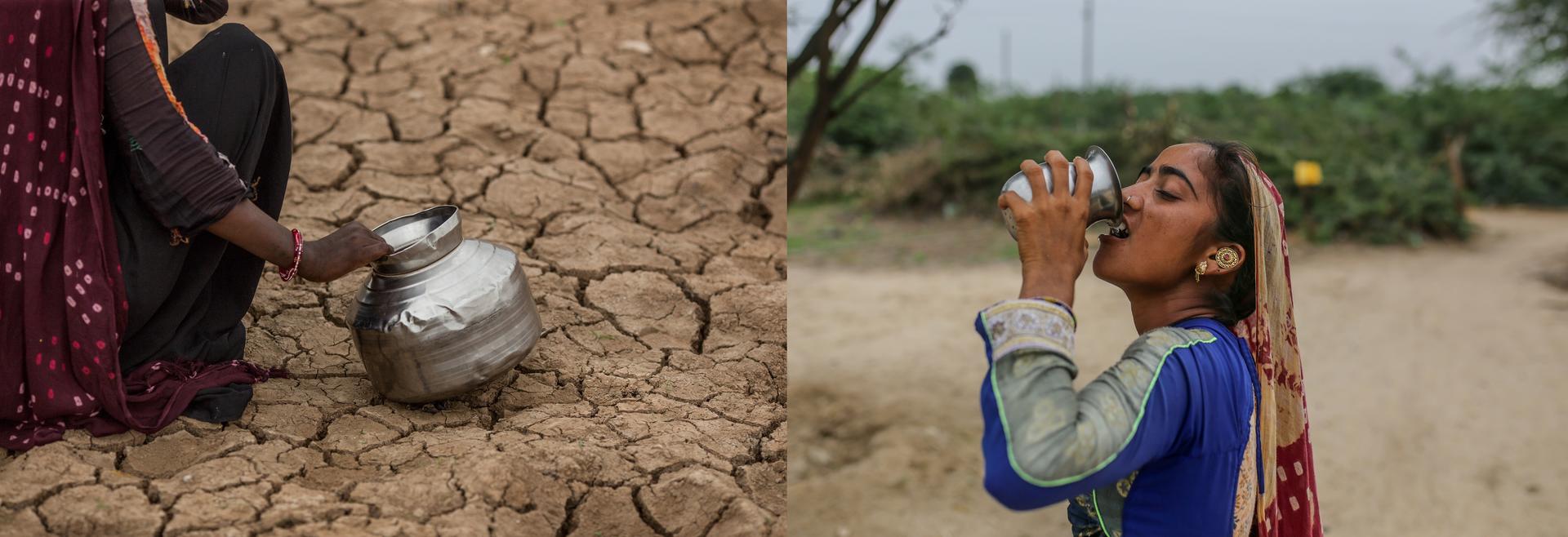 Photos a woman holding a water vessels against a dry landscape and a woman drinking water