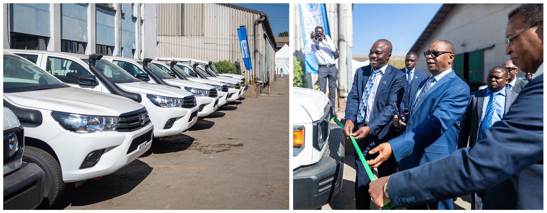 Two photos of an array of white vehicles and two men cutting ribbon on cars