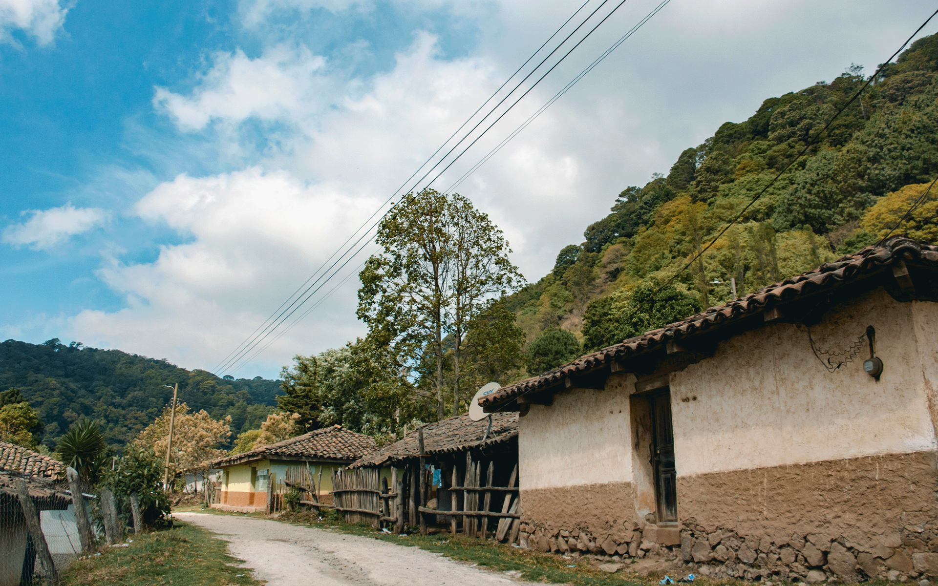 Un grupo de personas caminando por un camino de tierra frente a una casa