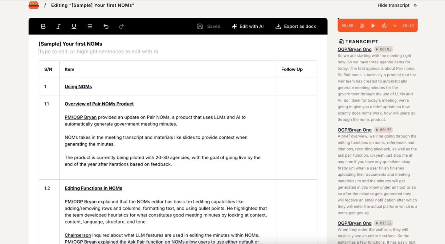 User interface of Pair Noms