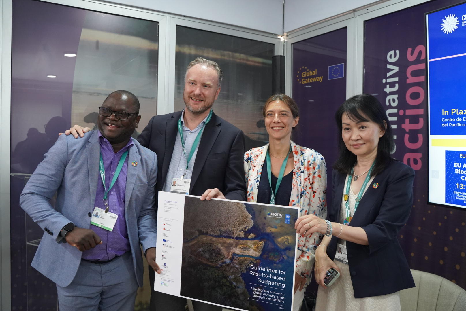 R-L: Midori Paxton, UNDP Nature Hub director, Aurélie Godefroy, Deputy Head of Unit at EU INTPA, Onno van den Heuvel, BIOFIN Global manager, Hilton Ngamanya Msamali, BIOFIN Coordinator for Malawi, at the launch of the RBB guidelines during COP16 in Cali, Colombia