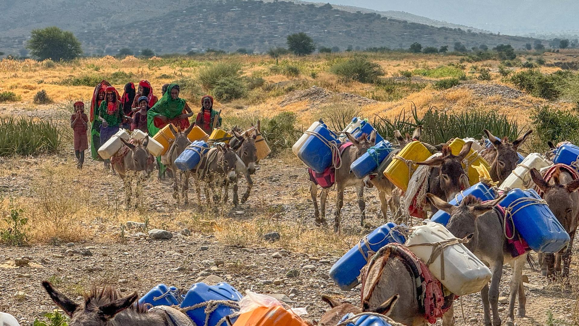 women and girls fetching water