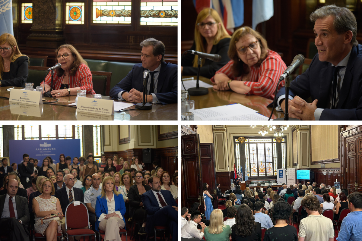 Imagen 1 (arriba izquierda): Mesa principal de un evento con varias autoridades hablando al micrófono. Al fondo se observan vitrales decorativos y detalles arquitectónicos destacados.  Imagen 2 (arriba derecha): Persona hablando al micrófono mientras otras autoridades escuchan atentamente. Al fondo, banderas y vitrales decorativos.  Imagen 3 (abajo izquierda): Público asistente al evento, compuesto por diversas autoridades, representantes institucionales y participantes atentos.  Imagen 4 (imagen de sala)