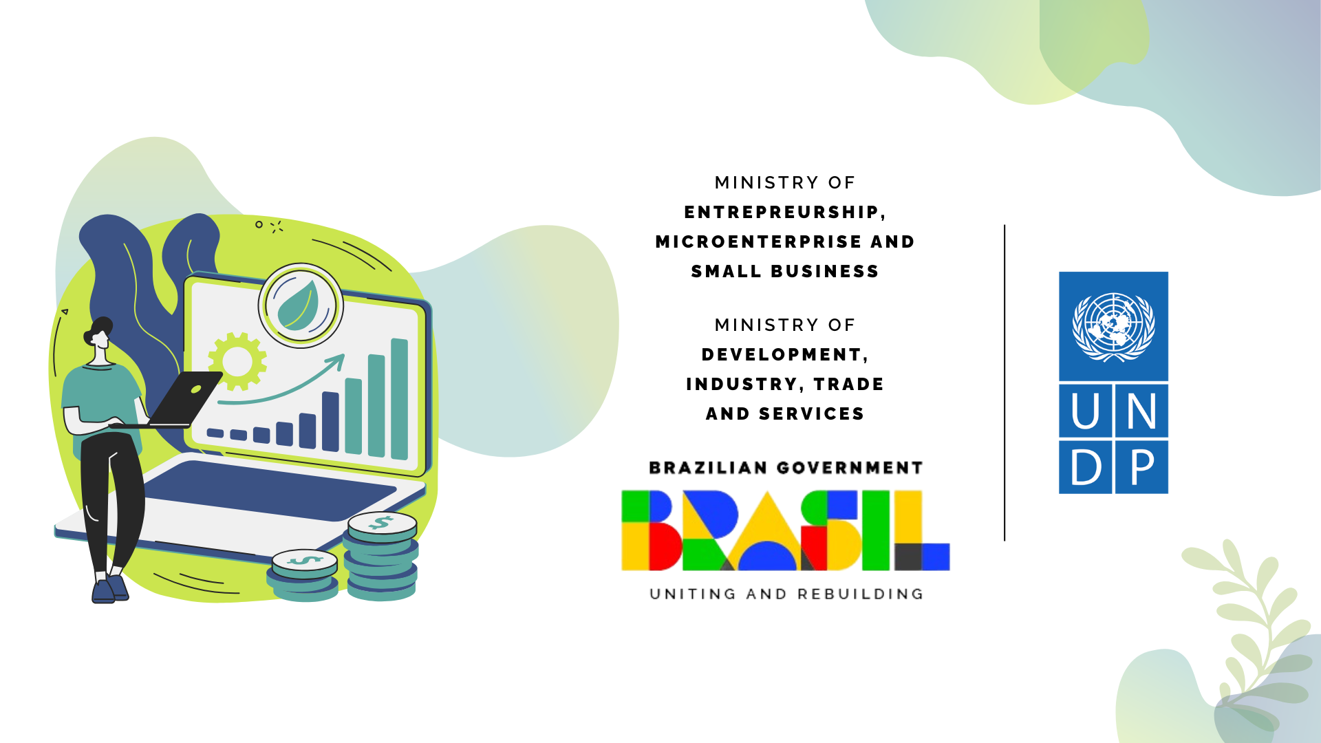 An illustration of a person doing ESG reporting on a laptop on the left, and the logos of Brazil's Ministry of Entrepreneurship, Microenterprise and Small Business (MEMP), Ministry of Development, Industry, Trade, and Services (MDIC), and UNDP on the right.